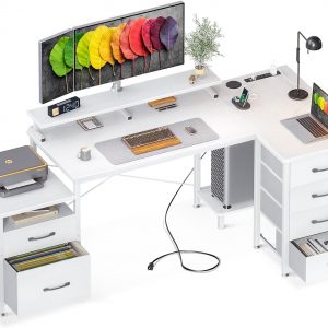 AODK L Shaped Desk with 6 Drawers & Power Outlet, 72" Computer Desk with File Drawer & Monitor Shelf, Printer Storage Shelves, Large Work Desk for Home Office, White