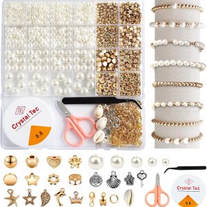 1200 Pcs Pearl Beads and Gold Spacer Beads Set for Jewelry Bracelet Making Kit with String and Charms for Adults DIY Art and Craft for Girls Friendship Bracelet for Necklace and Earring Supplies